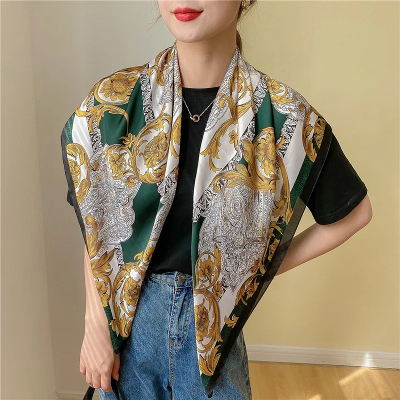 2023 Spain Fashion 90*90cm Square Women Dark Green Leopard Floral Silk Shawl Scarf Office Lady Hair Headband Foulards Headcloth