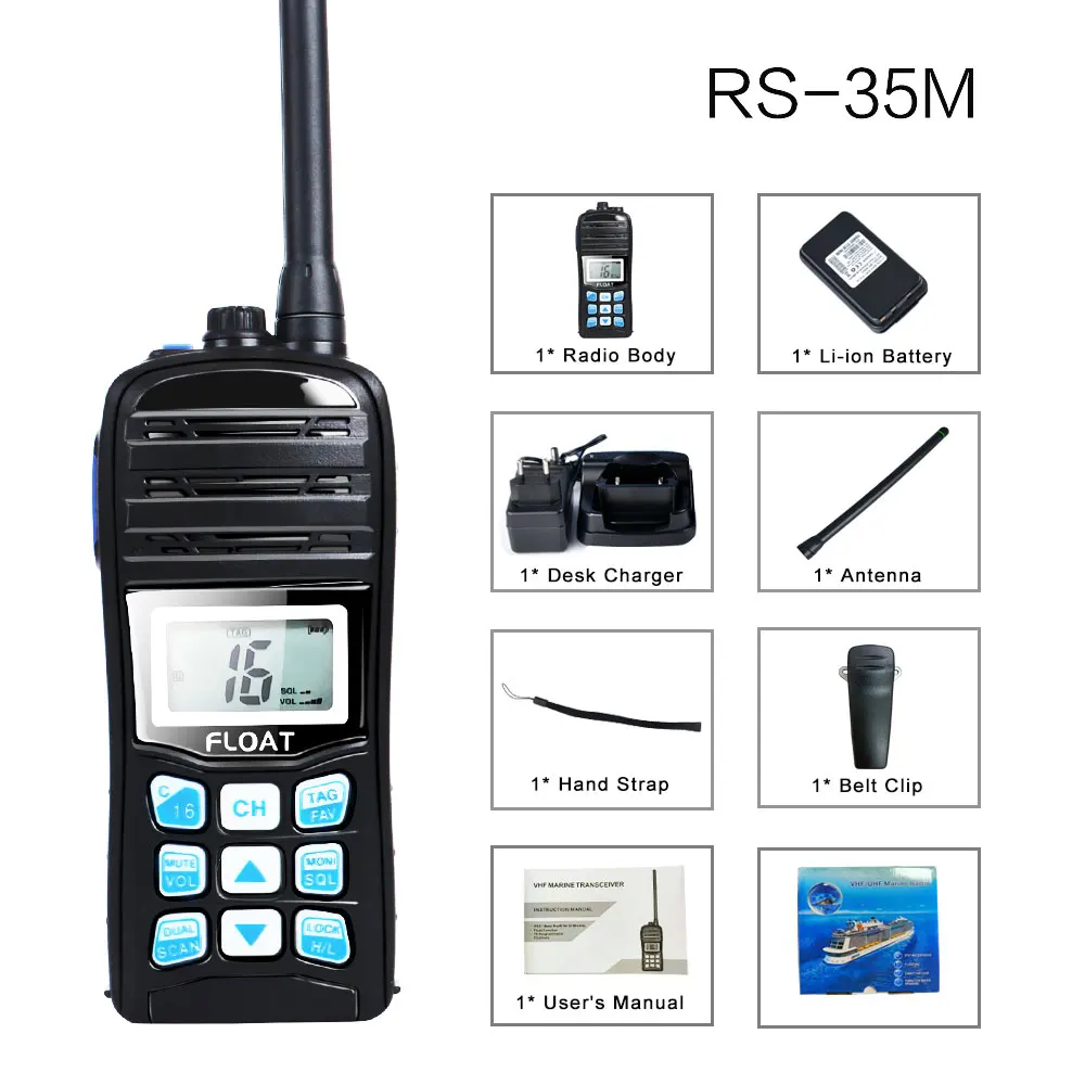 Waterproof IP67 VHF Ham Walkie Talkie Handheld Marine Two Way Radio LCD Display Dual Auto Scan Float Sea Radio Interphone RS-35M