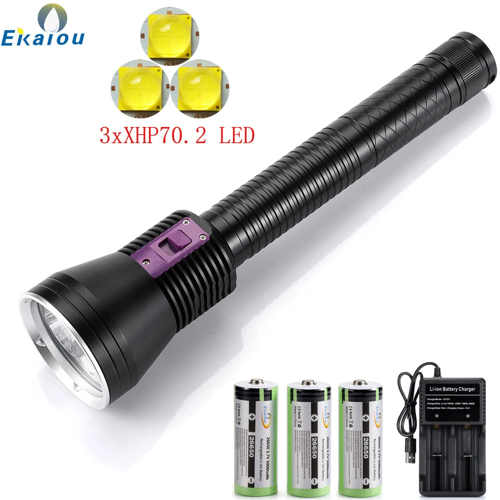 

New Portable 3xXHP70.2 Diving Flashlight IPX8 Highest Waterproof Rating Professional Diving Torch 3x26650 Battery & USB Charger