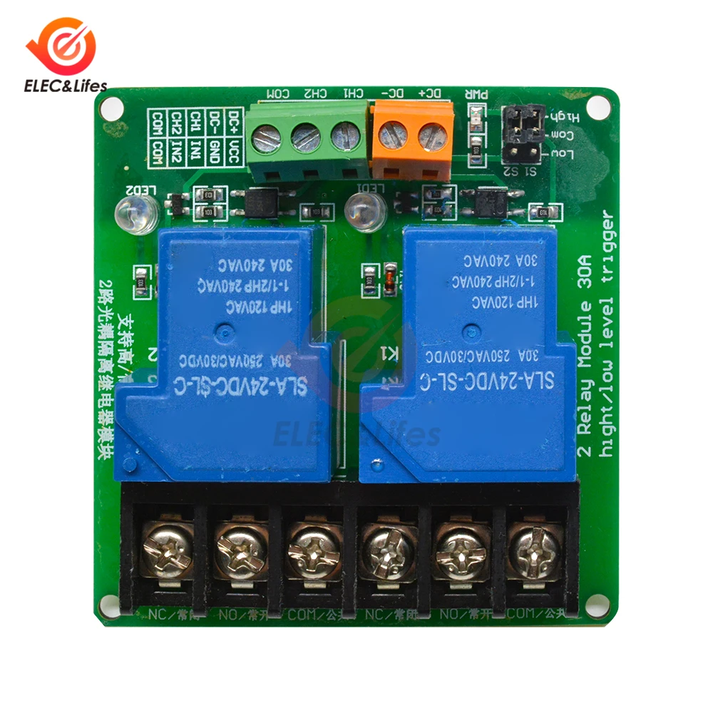 Two 2 Channel DC 5V 12V 24V Relay Module 30A optocoupler isolation module High and Low Level Trigger Relay for Smart Home PLC