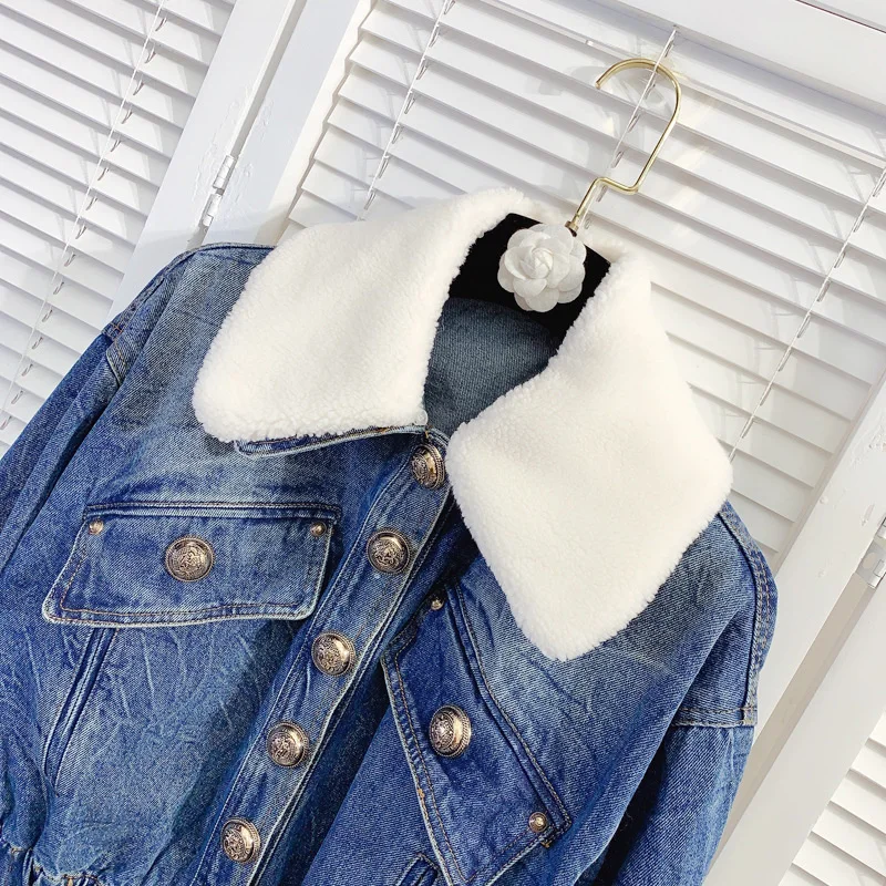 Plush Winter Collar Detachable Single Breasted Denim Jacket Women Streetwear Office Lady Loose Outerwear Sweet Short Jean Coat