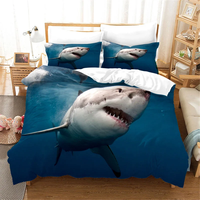 3D Blue Ocean Sharks Duvet Cover with Pillow Cover Bedding Set Single Double Twin Full Queen King Size Bed Set for Bedroom Decor