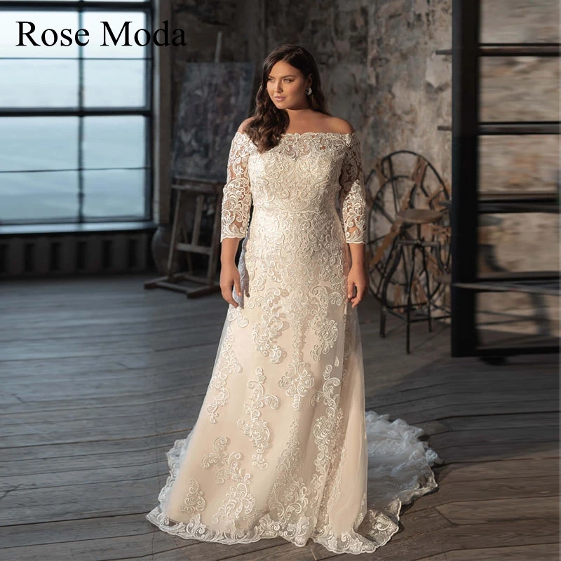 

Rose Moda Lace Plus Size Wedding Dress with Removable 3/4 Long Sleeves Jacket Custom Make