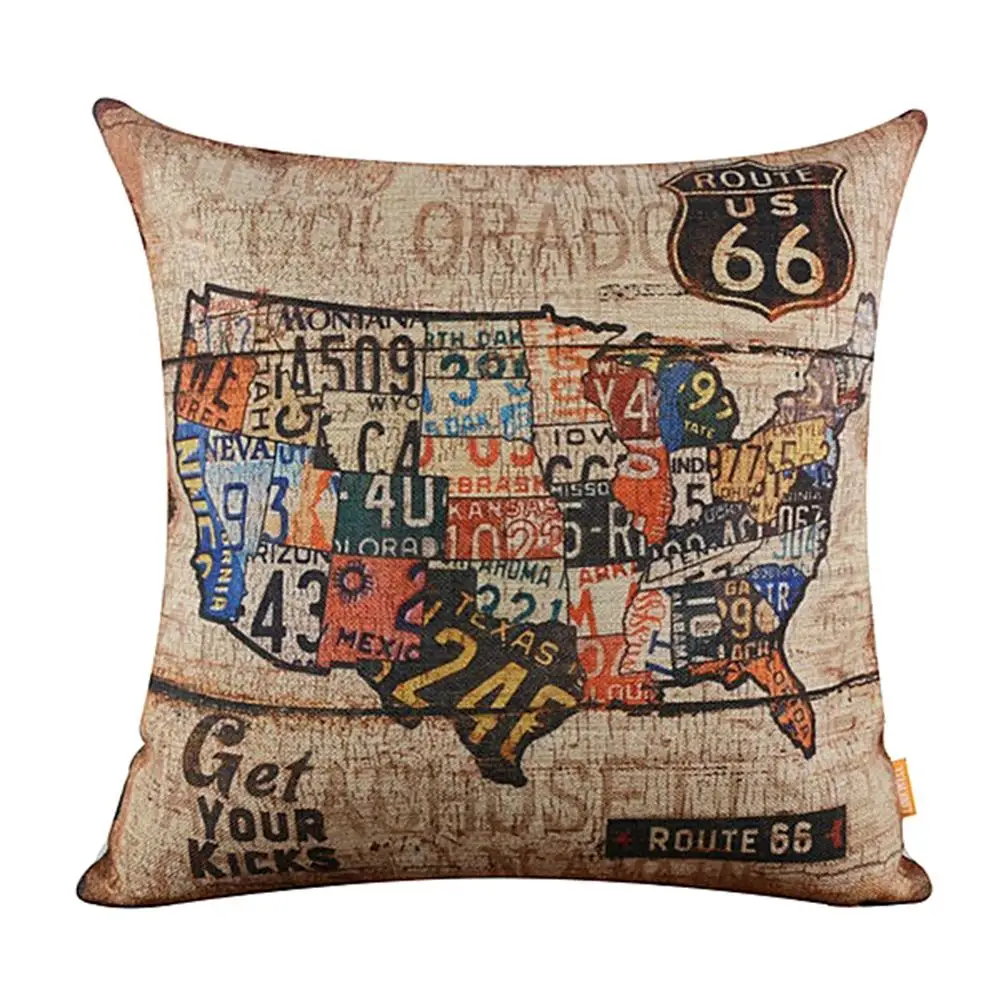 Vintage American Map Route 66 Linen Pillow Case Cushion Cover Sofa Bed Car Decor