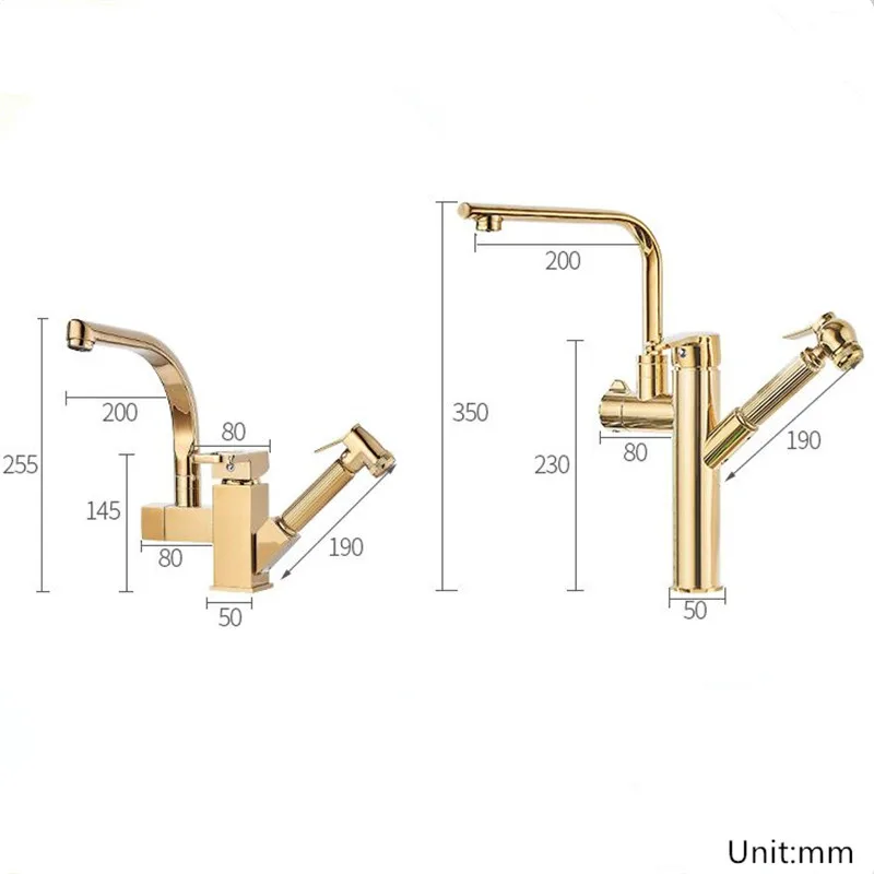 Kitchen Sink Faucet Solid Brass Mixer Tap Single Handle Hot & Cold Sink Crane Tap 360 Degree Rotation Pull Out Basin Faucet Gold