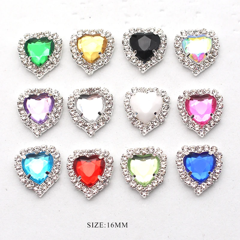 10Pcs/Lot 16MM Heart-Shaped Rhinestone Flat-Stitched Button Sdecoration DIY ForClothing, Wedding Beautiful Sewing Accessories