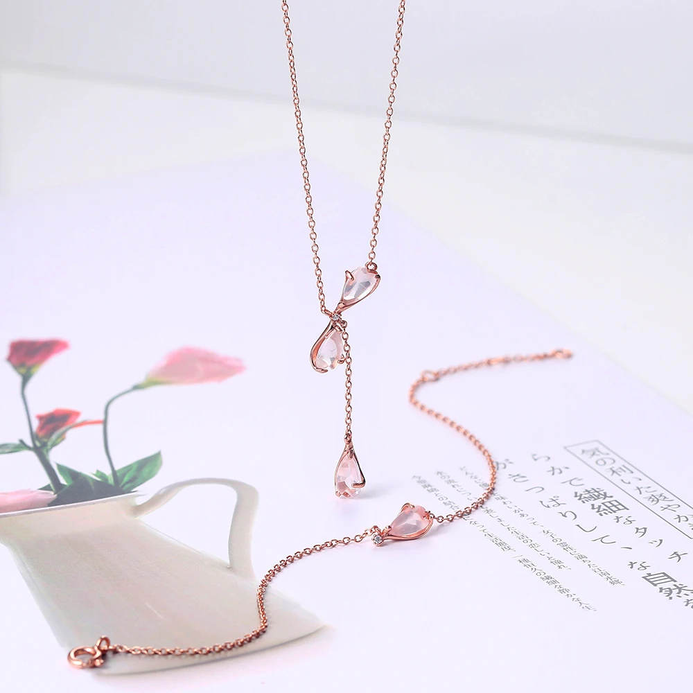 

LAMOON Sakura Set 925 Sterling Silver Cherry Blossoms Petal Rose Quartz 18K Rose Gold Plated Fine Jewelry Japanese Style LMV060