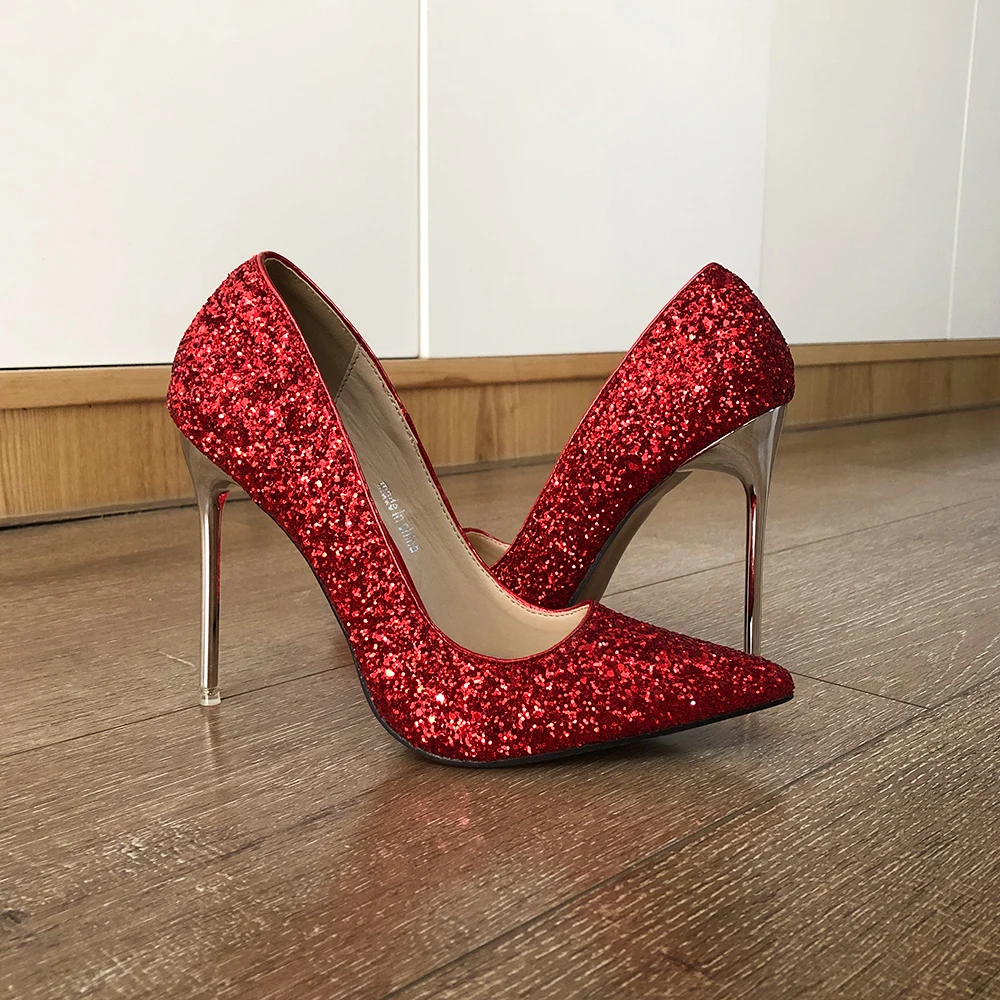 Veowalk Glitter Red Sequins Women 11cm High Heel Stiletto Pumps Pointed Toe Slip On Ladies Party Dress Shoes Plus Size 35-46