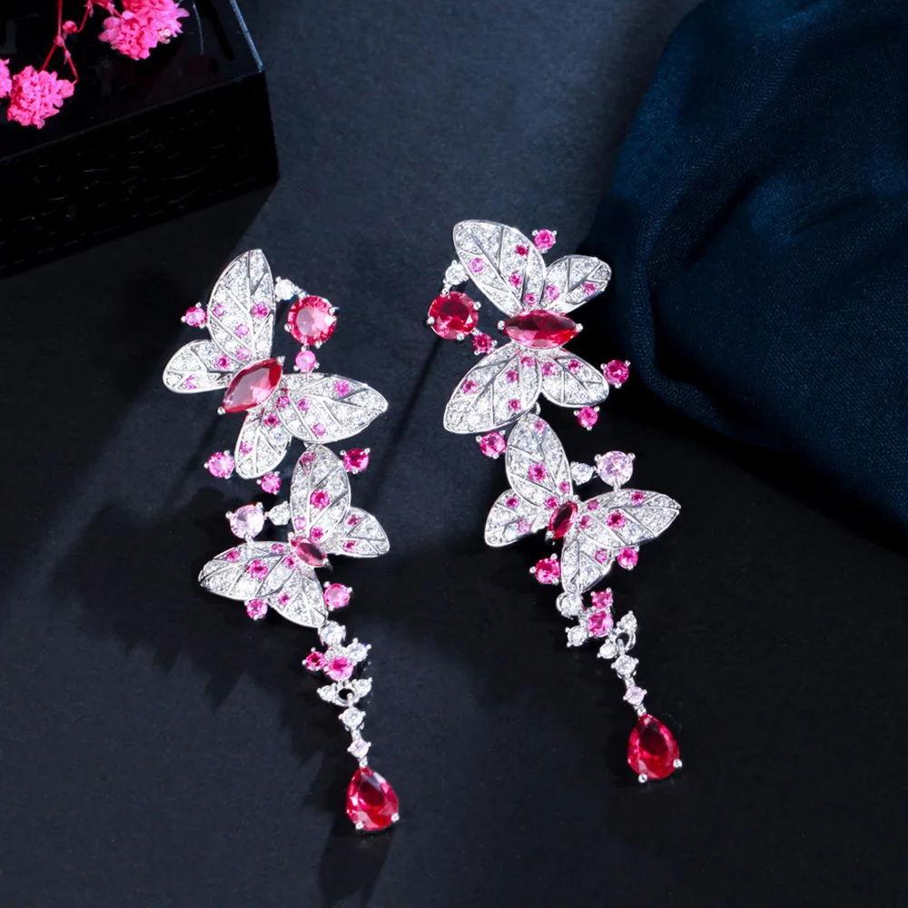 Pera Charming Butterfly Shape Hot Pink Cubic Zirconia Silver Color Long Dangle Earrings for Women Dancing Dress Jewelry E855