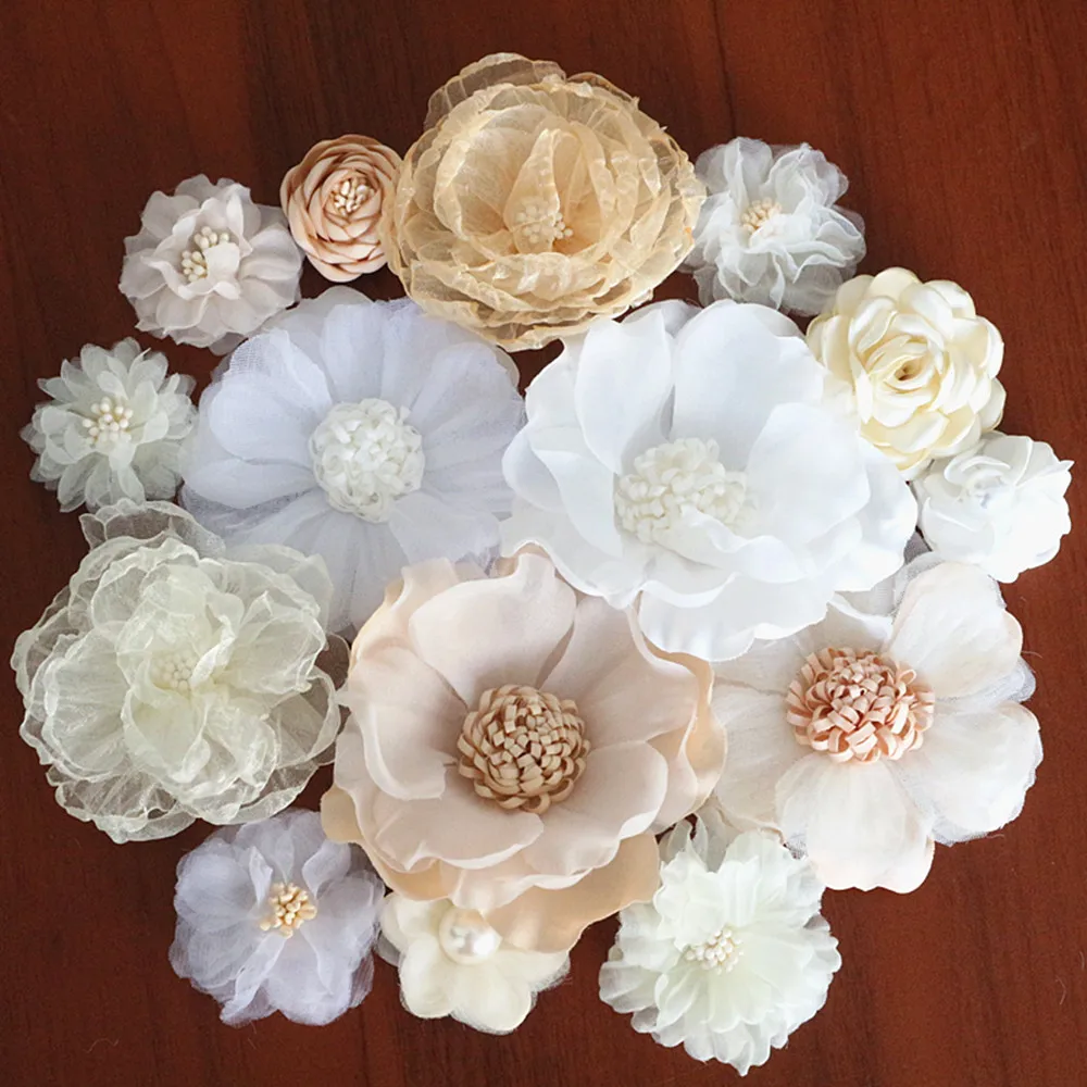 10PCS/Lot Beige Series Camellia Rose Chiffon Fabric Artificial Flower Head For Wedding Dress Clothing Decoration Headdress