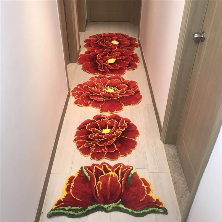 3D Peony Thick Flower Carpet Bedroom Living Room Round Rug Bed Soft Parlor Red/Blue Rugs Anti-slip Hallway Chair Kids Door Mat