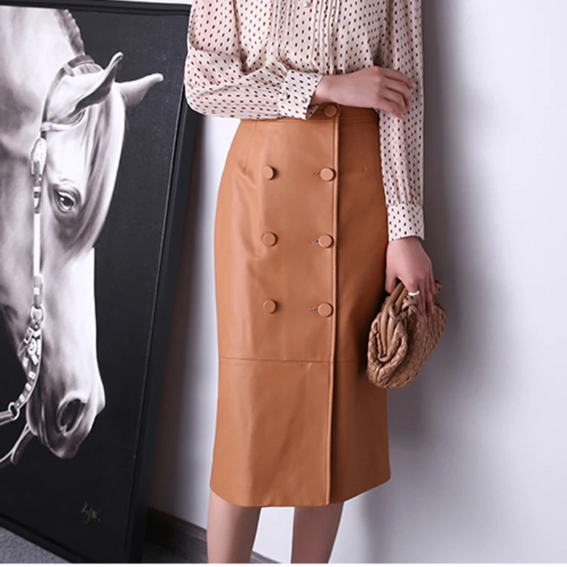 

Leather Sashes Wrap Skirt Women 2021 Winter Female European Real Soft Lambskin 70 cm Long Two Rows Of Buttons