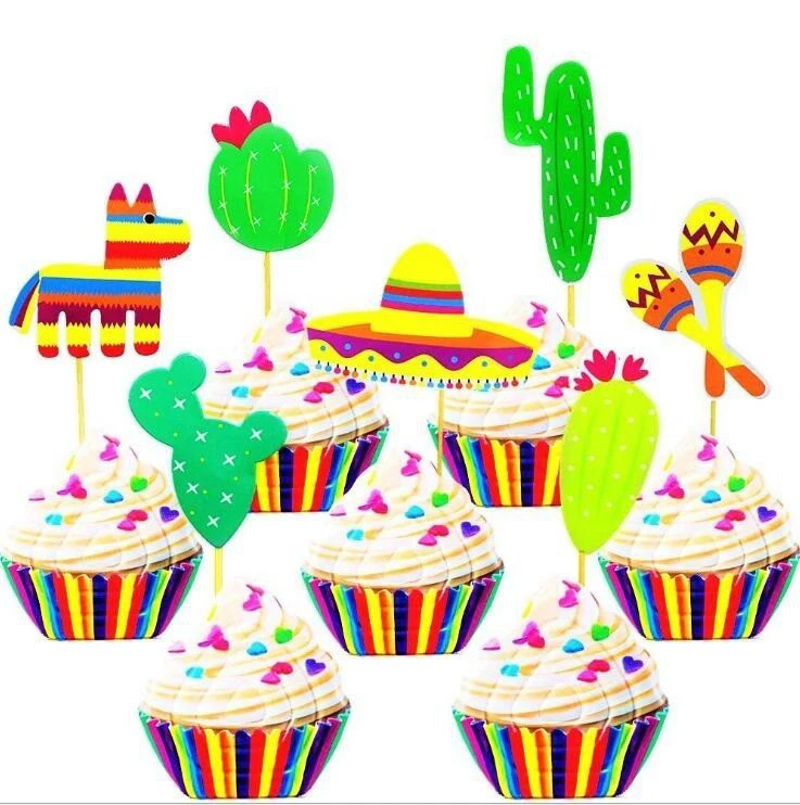 1Set Mexican Fiesta Party Alpaca Cactus Hat Donkey Cupcake Topper Baby Shower Cake Decoration Summer Wedding Birthday Supplies