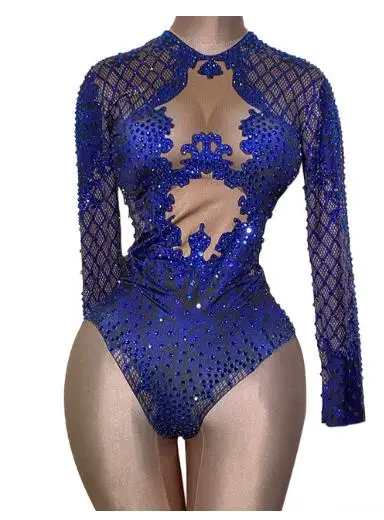 

Sexy Blue Print Rhinestone Dancer Bodysuit Women Long Sleeve Elastic Crystal Jumpsuit Female Club Showgirl Stage Leotard Costume