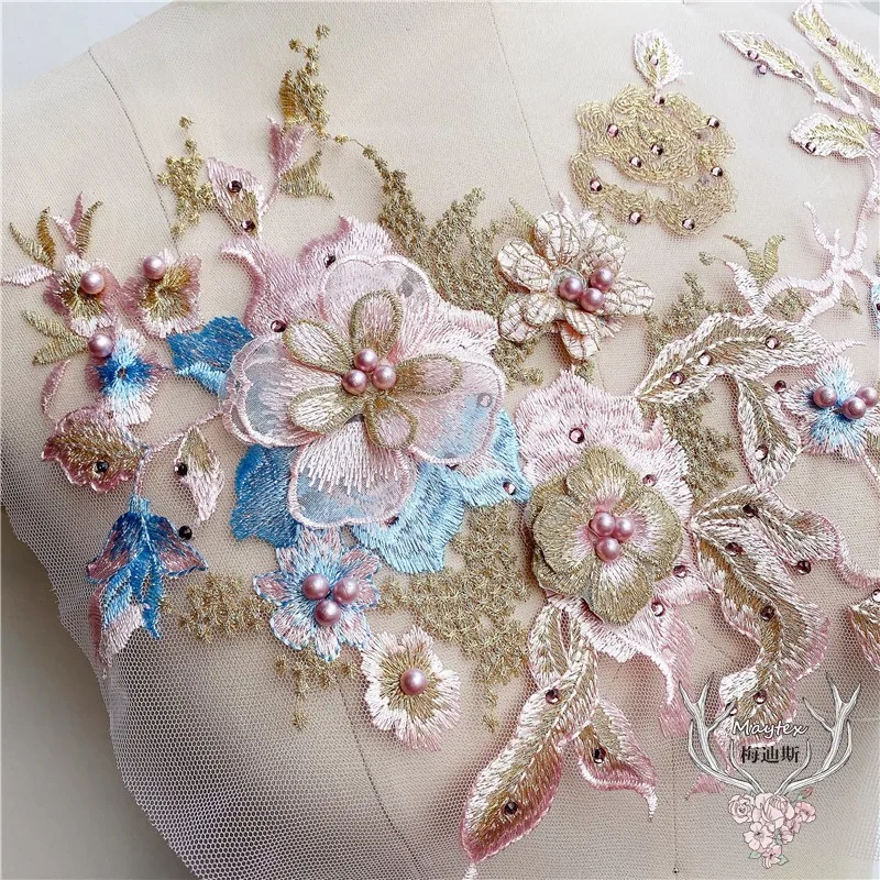 3D Flower Beads Embroidered Wedding Lace Fabric Appliques Sew Patch For Wedding Dress DIY Decor 33*28CM