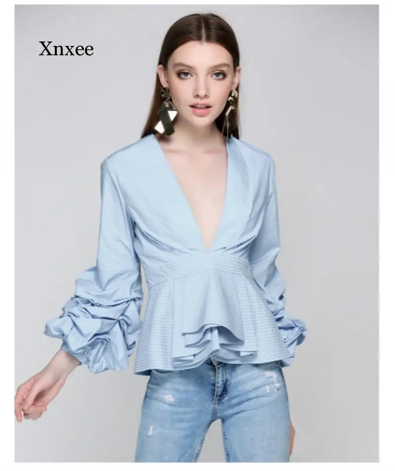 Womens High Waist Blouse Long Sexy Deep V-Neck Slim Ruffle Summer Female Elegant Shirt Puff Sleeve Top Fashion Clothing