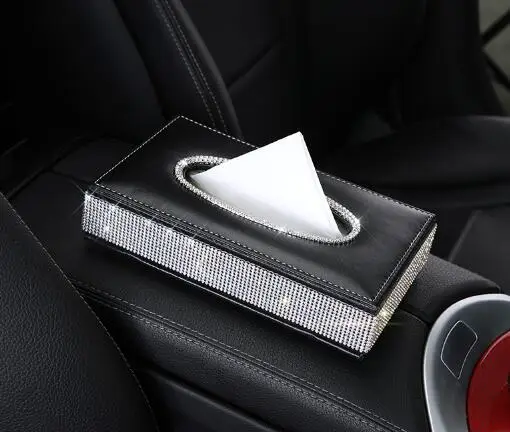 Universal Diamond Armrest Leather Car Tissue Box Auto Pumping Cassette Holder Creative Removable Paper Napkin Box