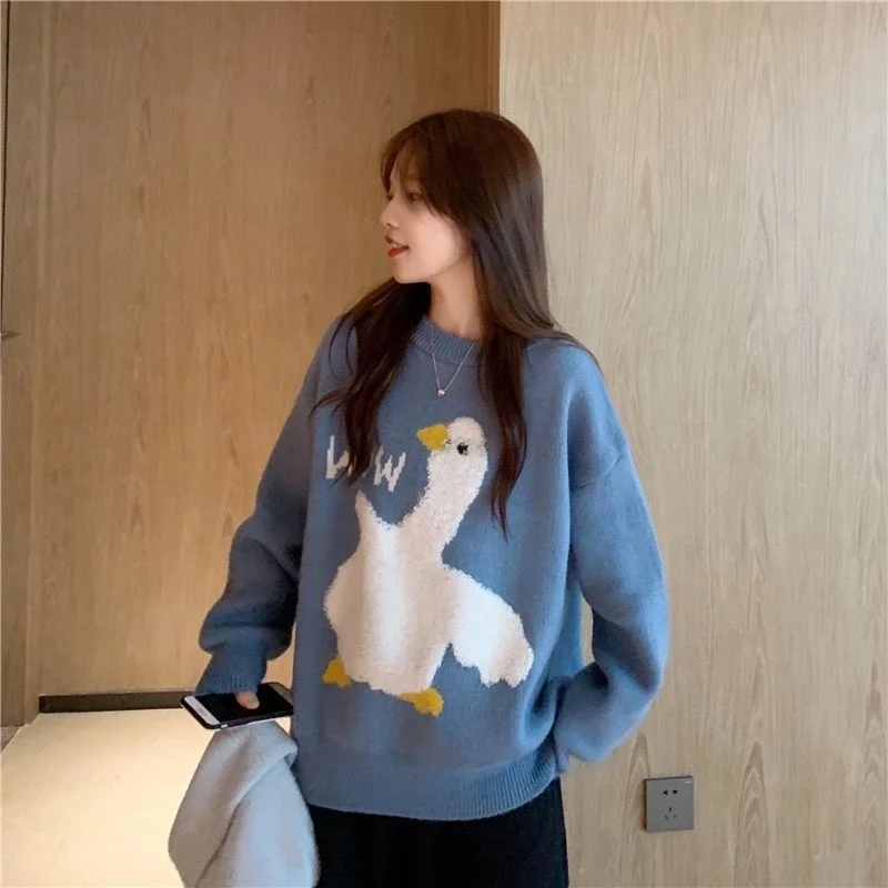 Casual O Neck Knitted Sweater Female Korean Version Cartoon Duck Letter Sweater Autumn Winter Long Sleeve Pullover Jumper Women