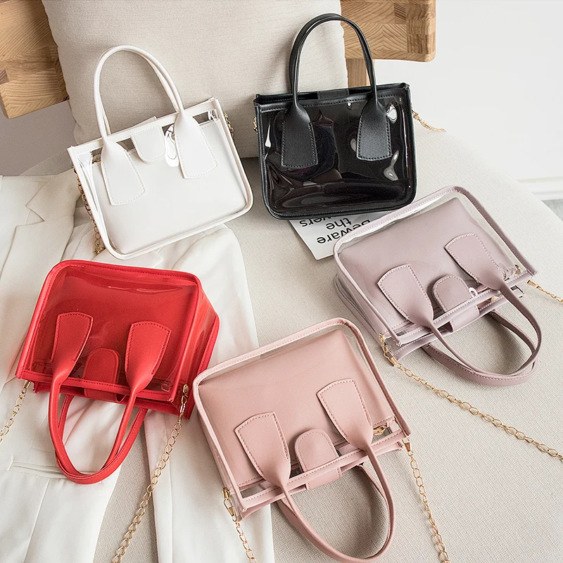 Bolso cruzado de cuero PU y PVC para mujer, cartera de mano con cadena y correa para el hombro, de Color sólido, con cremallera, tendencia de moda, 2020