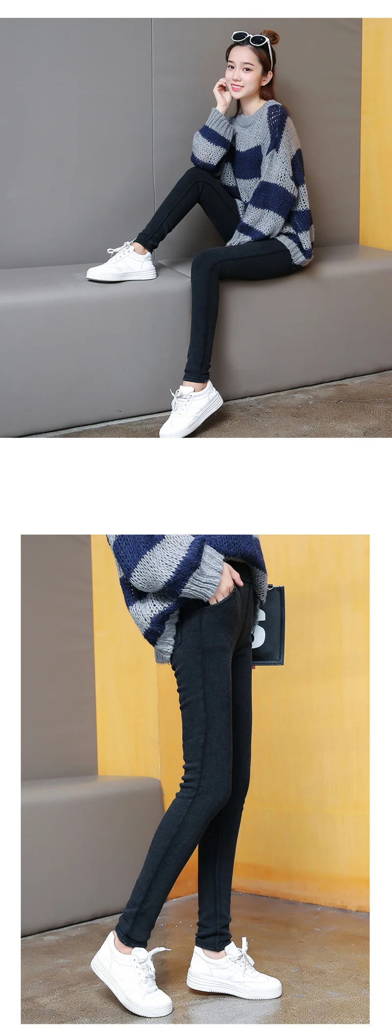 M-6XL Plus Size Winter Plus Velvet Thicken Stretch Skinny Imitation Denim Leggings Women Elastic Waist Black Pencil Pants C6669