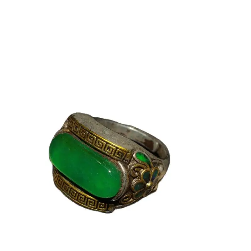 China Old Tibetan Silver Inlaid Emerald Gold Ring Ornament