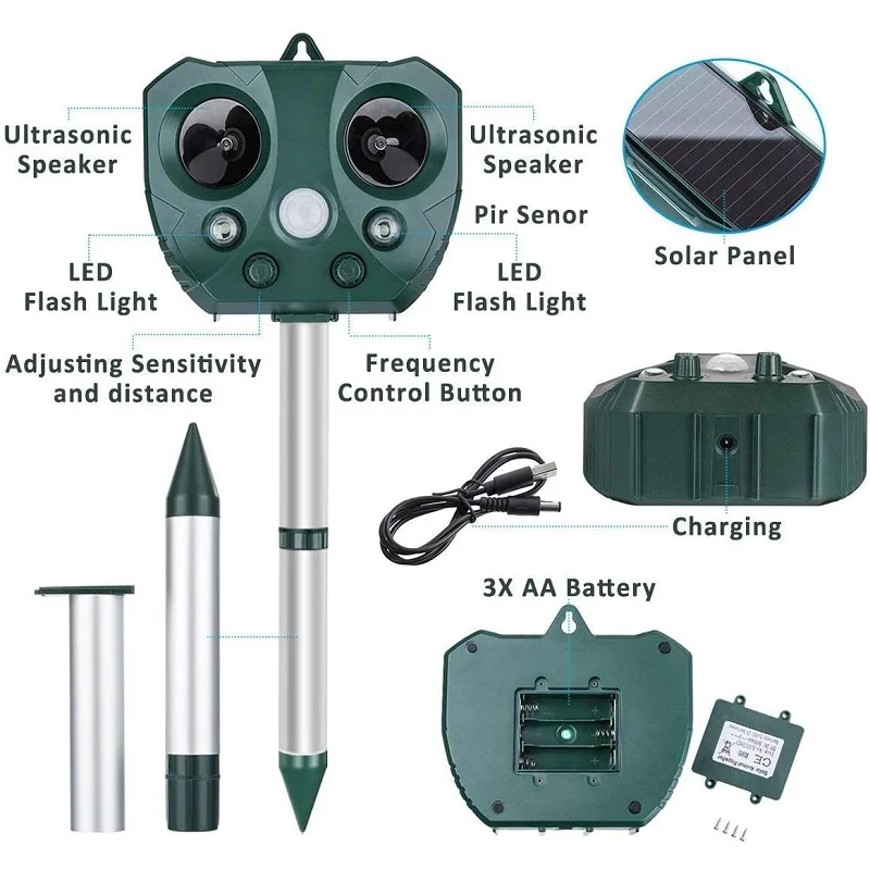 Ultraschall-Tierabwehrmittel für den Außenbereich, solarbetrieben, wasserdicht, Tierabwehr mit Bewegungssensor, vertreibt Hirsch, Waschbär, Vogel
