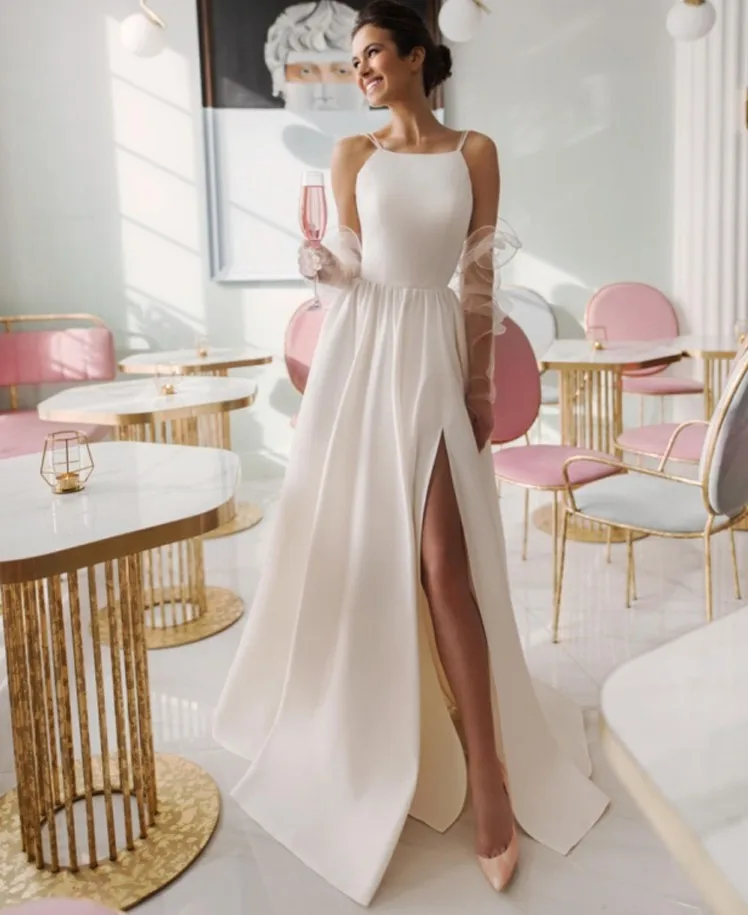 Customized Chic Simple Boho Wedding Dress 2025 High Slit Thinner Straps Sleeveless A-line Bridal Gown Robe De Mariage