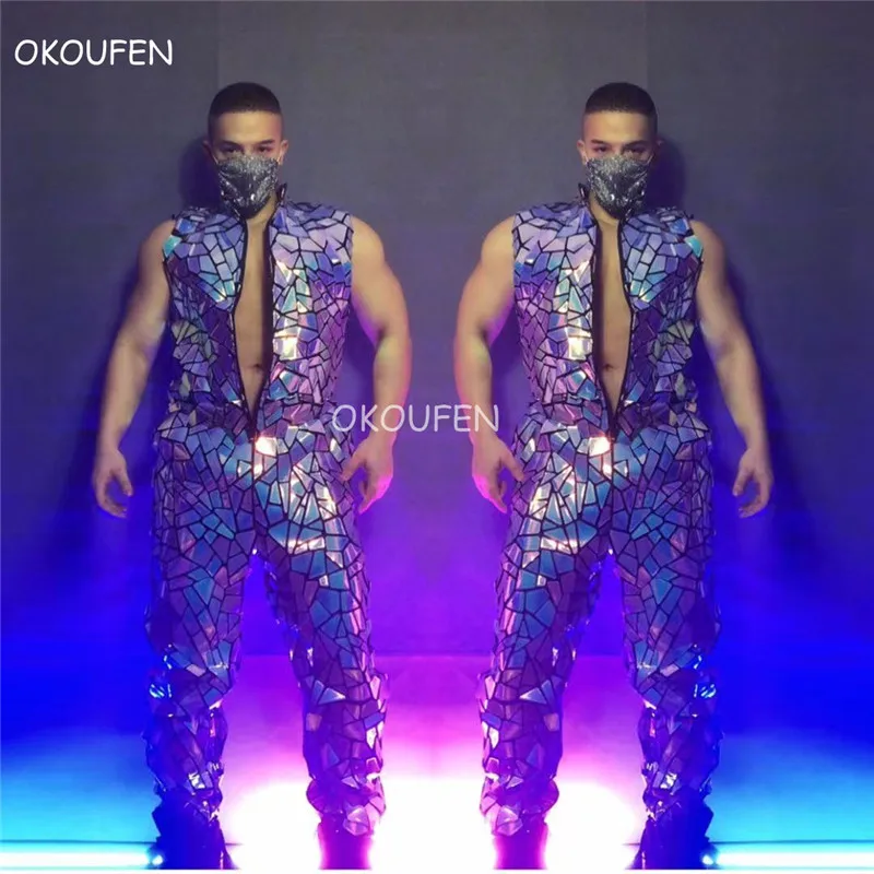 

Nightclub Men Sequins Sleeveless Jumpsuit Blue lens one-piece tooling Costumes Fashion Glitter Laser Dance Theme Party Wear