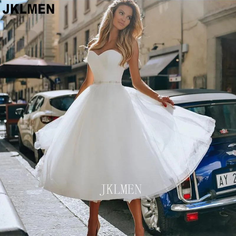 

New Simple Short Wedding Dress 2021 for Women Tea Length Bead Sash A Line Bridal Gown Vestido De Novia Undefined Mariage Online