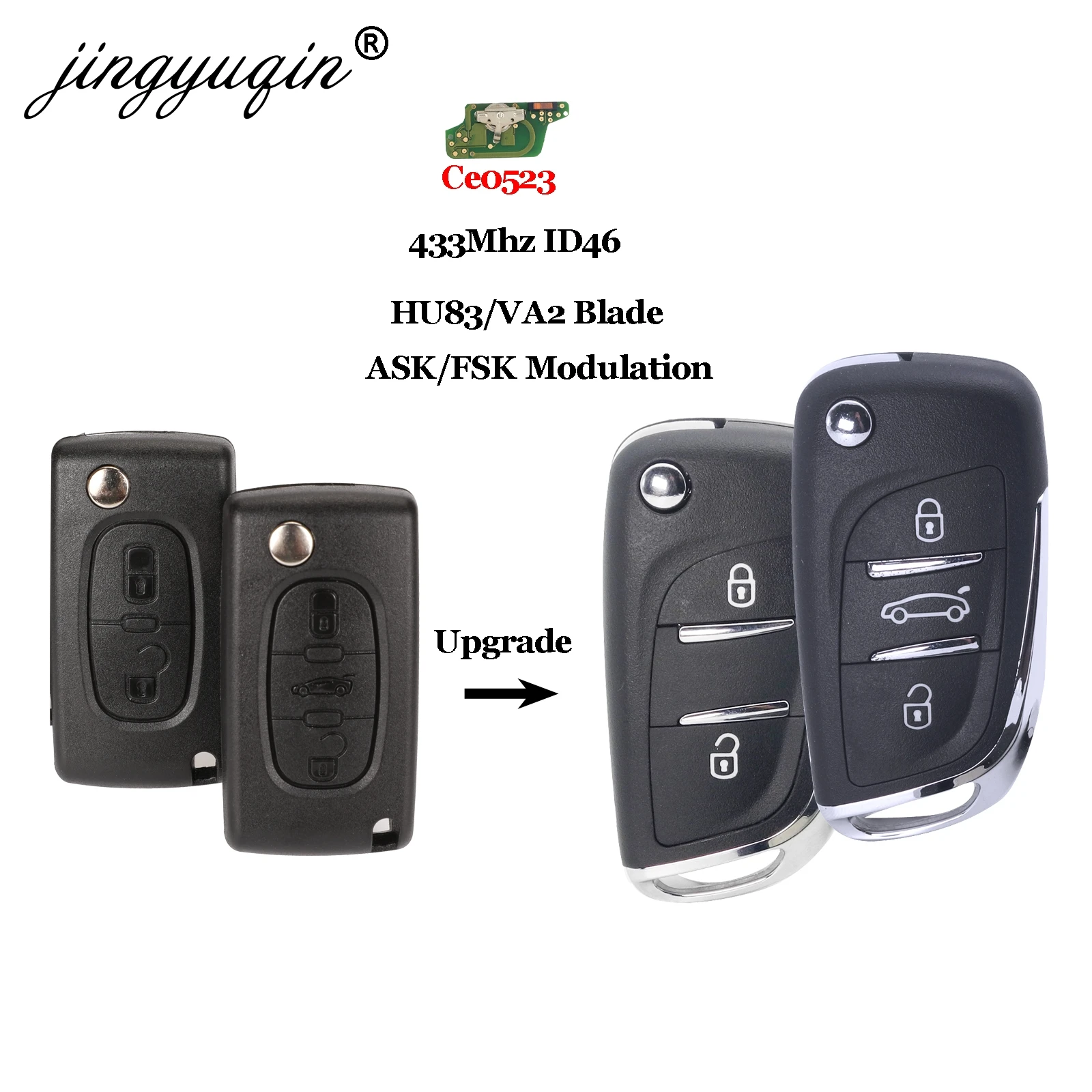 

jingyuqin 5X CE0523 2/3 BT 433Mhz Filp Remote Car Key For Peugeot 306 407 807 Partner ASK/FSK ID46 Chip VA2/Hu83 Modified Fob