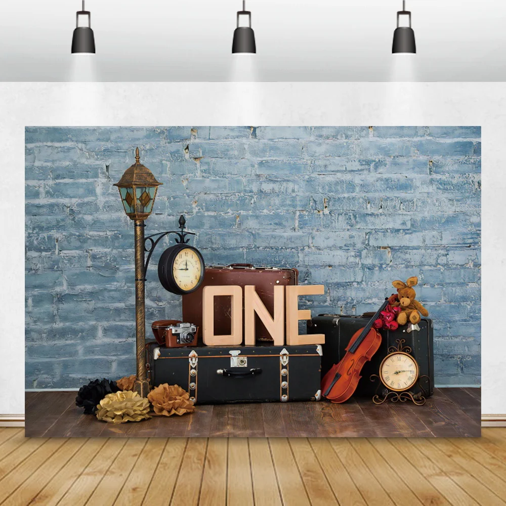 เด็กวันเกิดภาพพื้นหลังโปสเตอร์สีฟ้ากำแพงอิฐการถ่ายภาพเด็กฉากหลังภาพครอบครัว Photo Studio