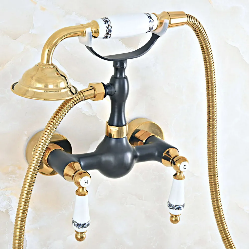 

Gold & Black Oil Rubbed Brass Wall Mount Bathtub Faucet with Handheld Shower Set +1.5M Hose Mixer Tap 2na426