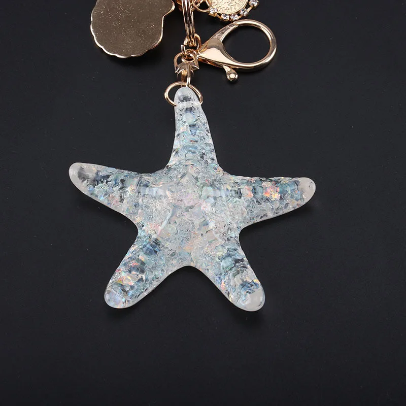 New Fantasy Cartoon Sea World Pearl Shell Starfish Keychain Pentagram Crystal Key chain Ladies Bag Car Key Alloy Pendant Jewelry