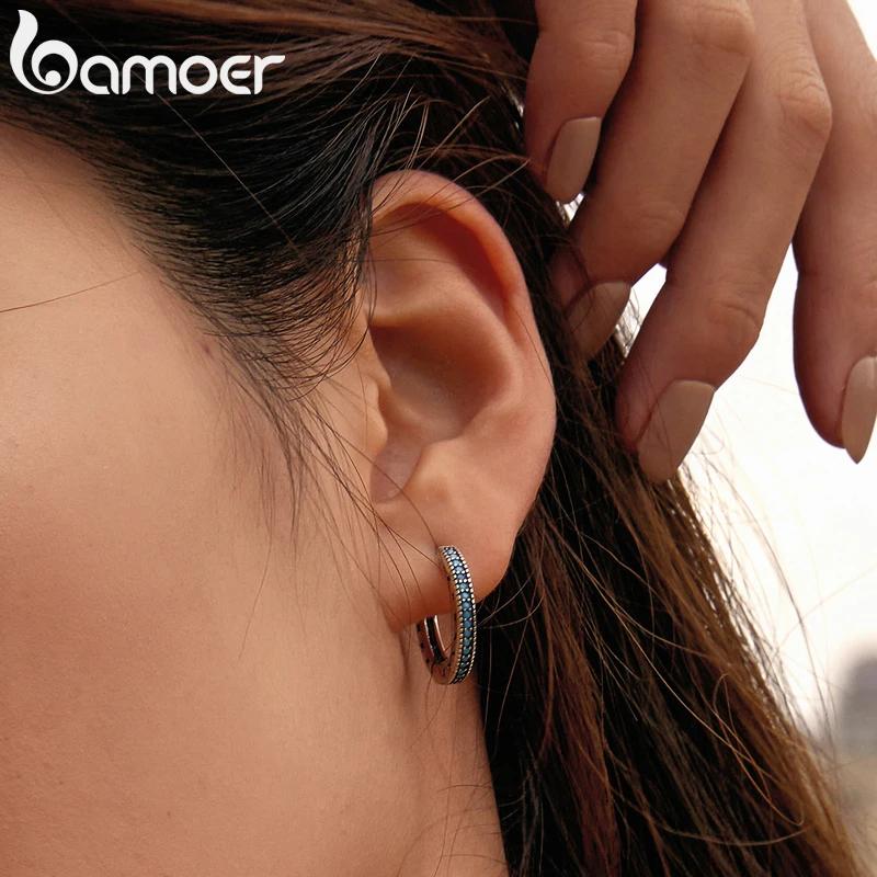 Bamoer حقيقية 925 فضة الأزرق الفيروز الجوف ستار هوب أقراط للنساء هندسية الفضة الأذن أبازيم مجوهرات هدية #4