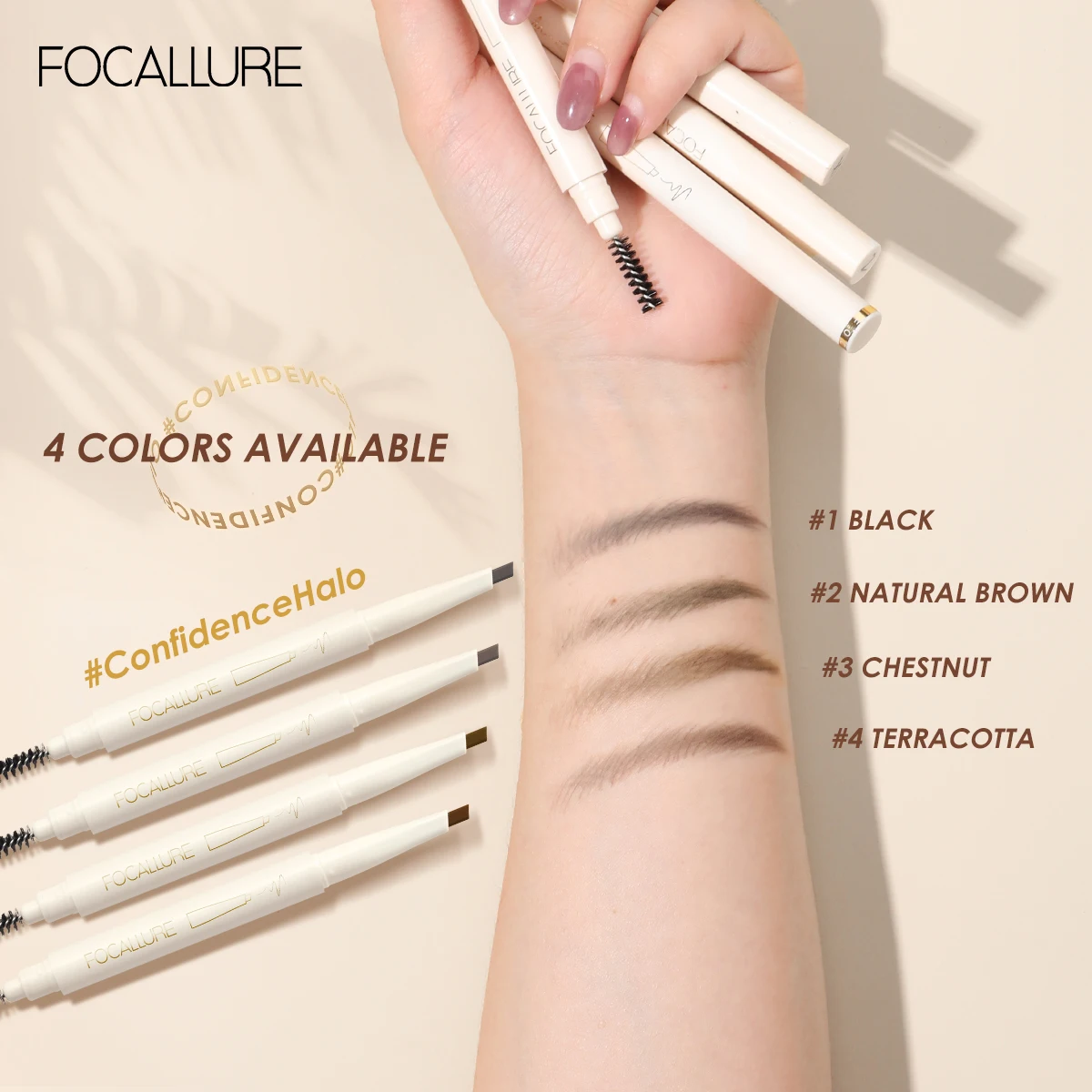 FOCALLURE-Crayon de Tatouage Coulissant pour Sourcils, Maquillage Naturel, Super Étanche, Longue Durée, Noir et Marron, Vente en Gros