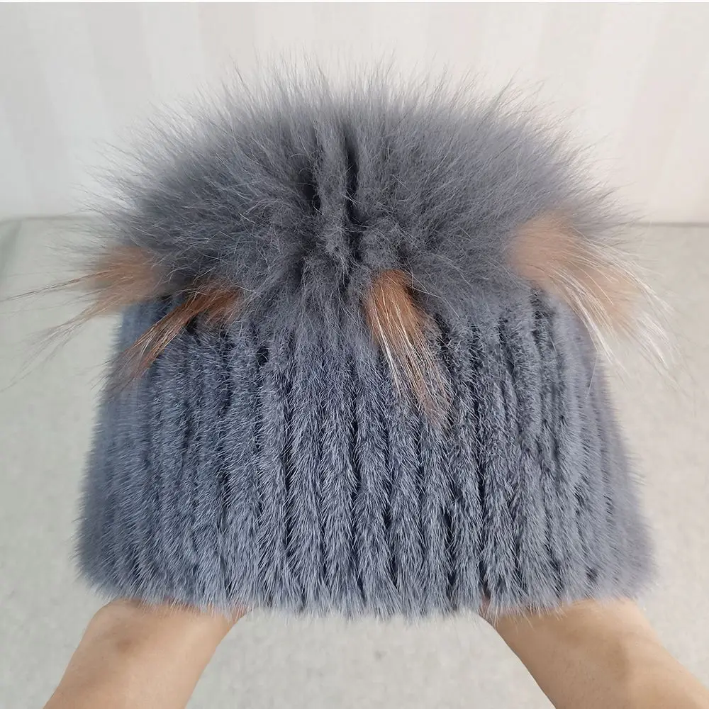 High Quality Mink Fur Hat For Women Natural Mink Fur Hat With Luxury Big Pompom Fox Fur Ball Beanies Winter Women\'s Cap Lady Hat