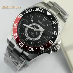 Bliger mens top mechanical watches 43mm Luminous hands black dial Sapphire glass Ceramic Bezel GMT Date automatic men watch