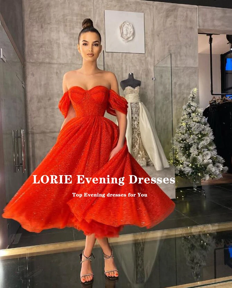 LORIE Glitter Prom Dress Red Off the Shoulder Tea Length Shiny Celebrity Wedding Party Dress for Graduation vestidos de fiesta