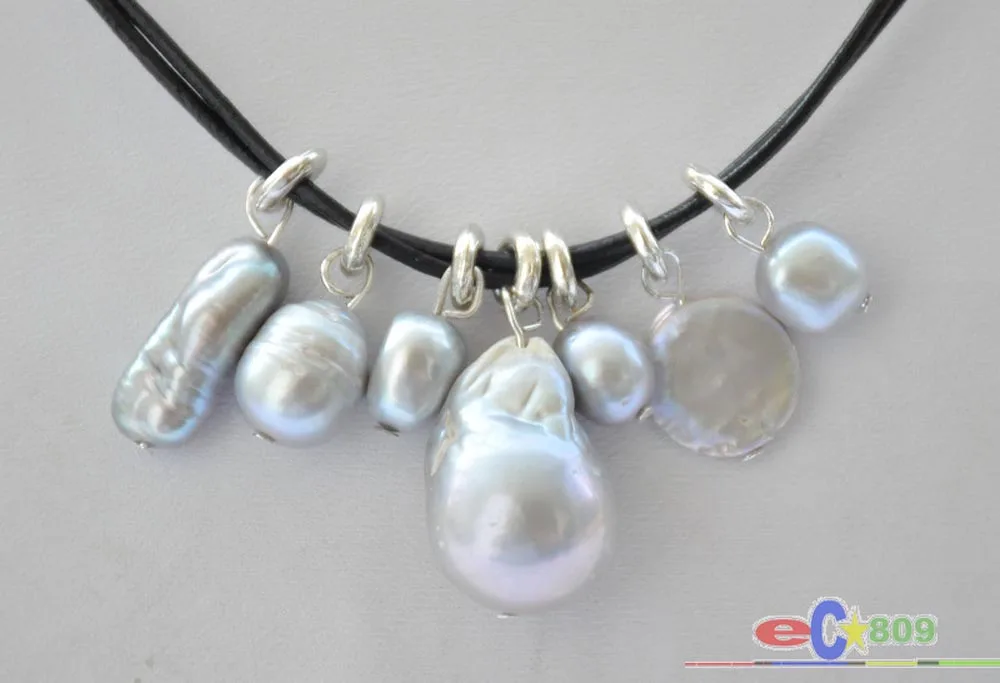 

P5097 2row 19" 28mm Gray Baroque KESHI REBORN PEARL Pendant Black Leather Chain