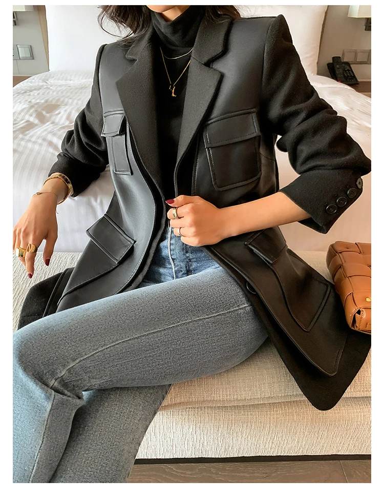Nerazzurri Autumn Black Wool Blends Patchwork Leather Jacket Women with Many Pockets Long Sleeve Korean Fashion Streetwear 2022