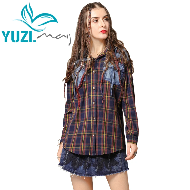 

Blouse Women 2019 Yuzi.may Boho New Turn-down Collar Single Breasted Plaid Womens Tops and Blouses B9285 Blusas Femininas