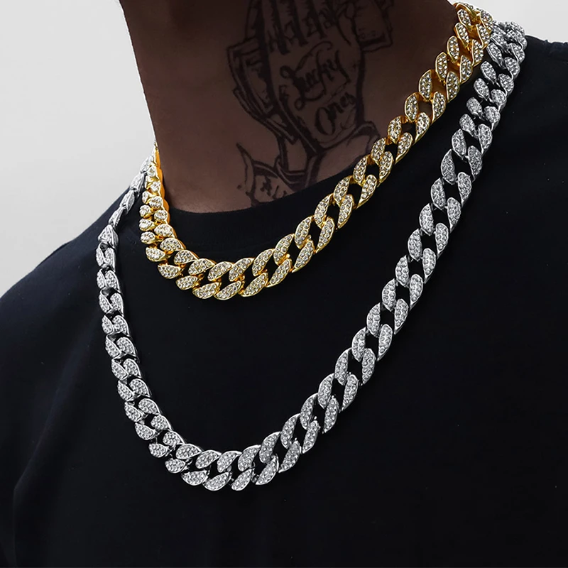 Fashion Cuban Link Chain Hip Hop Necklace Charms Jewelry Rhinestone Decoration For Rapper Long Necklace Accessories Gift