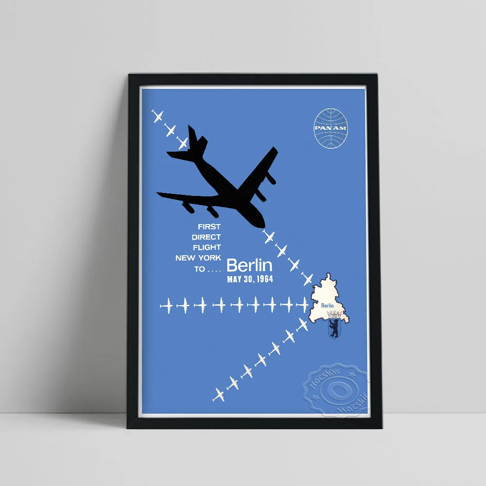 Panam To Berlin 1964 Airline Company Poster, Blue Background Airplane Art Canvas Painting, Nordic Vintage Style Home Wall Decor