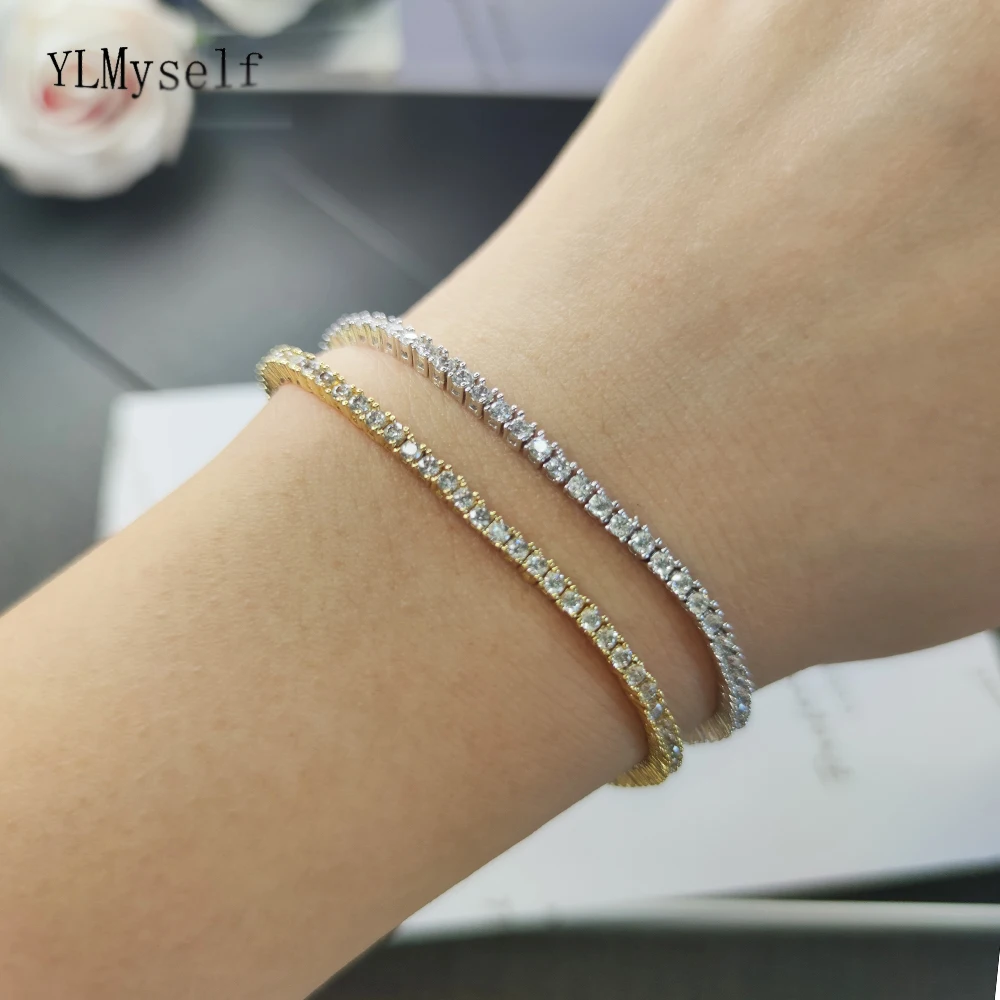 Classic 7 Inch/8 Inch 2mm Zircon Tennis Bracelet for Women Brass Metal Rhodium/Gold-Color Hip Hop Rock Jewelry Wrist Bangle