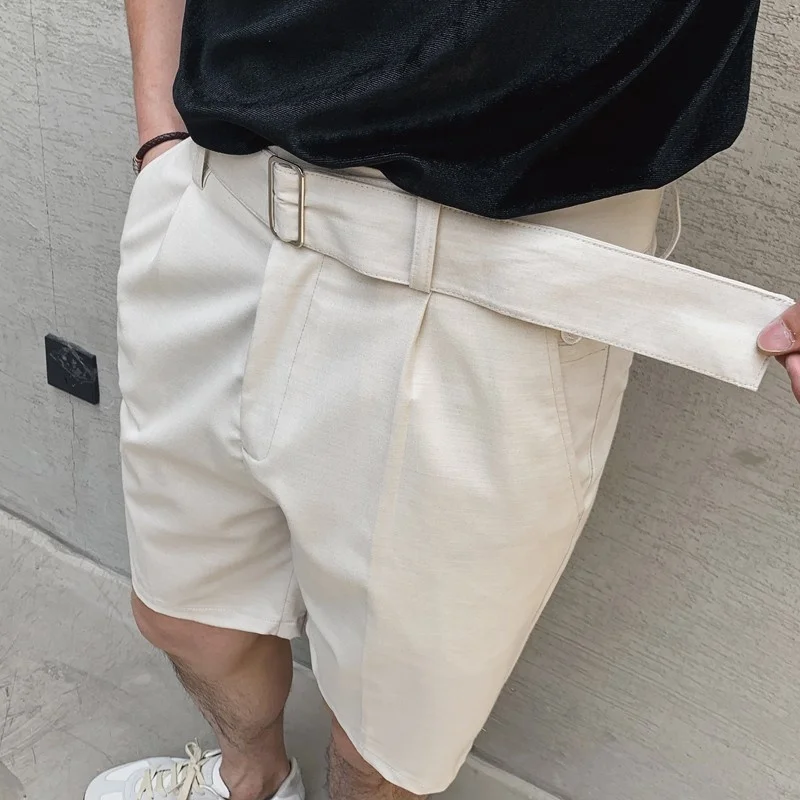 Knee Casual Length Trousers Men Summer Fashion Sashes Harajuku Suit Shorts Black White Thin Section Straight Shorts Size M-2XL