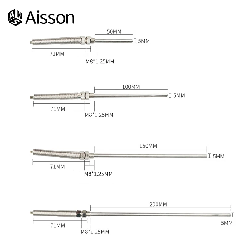 K/J/PT100 Type M8 Thermocouple 1m 2m 3m 5m -200-400℃ Screw Thread Stainless Steel Probe 50mm  150mm 100mm 200mm