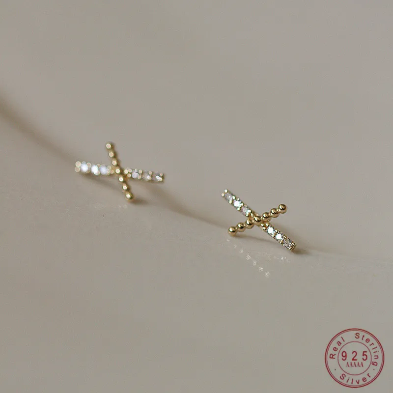 S925 Sterling Silver 14K Gold Plated Row of Zircon X-Shaped Earrings Women Fashion Simple Jewelry Accessories