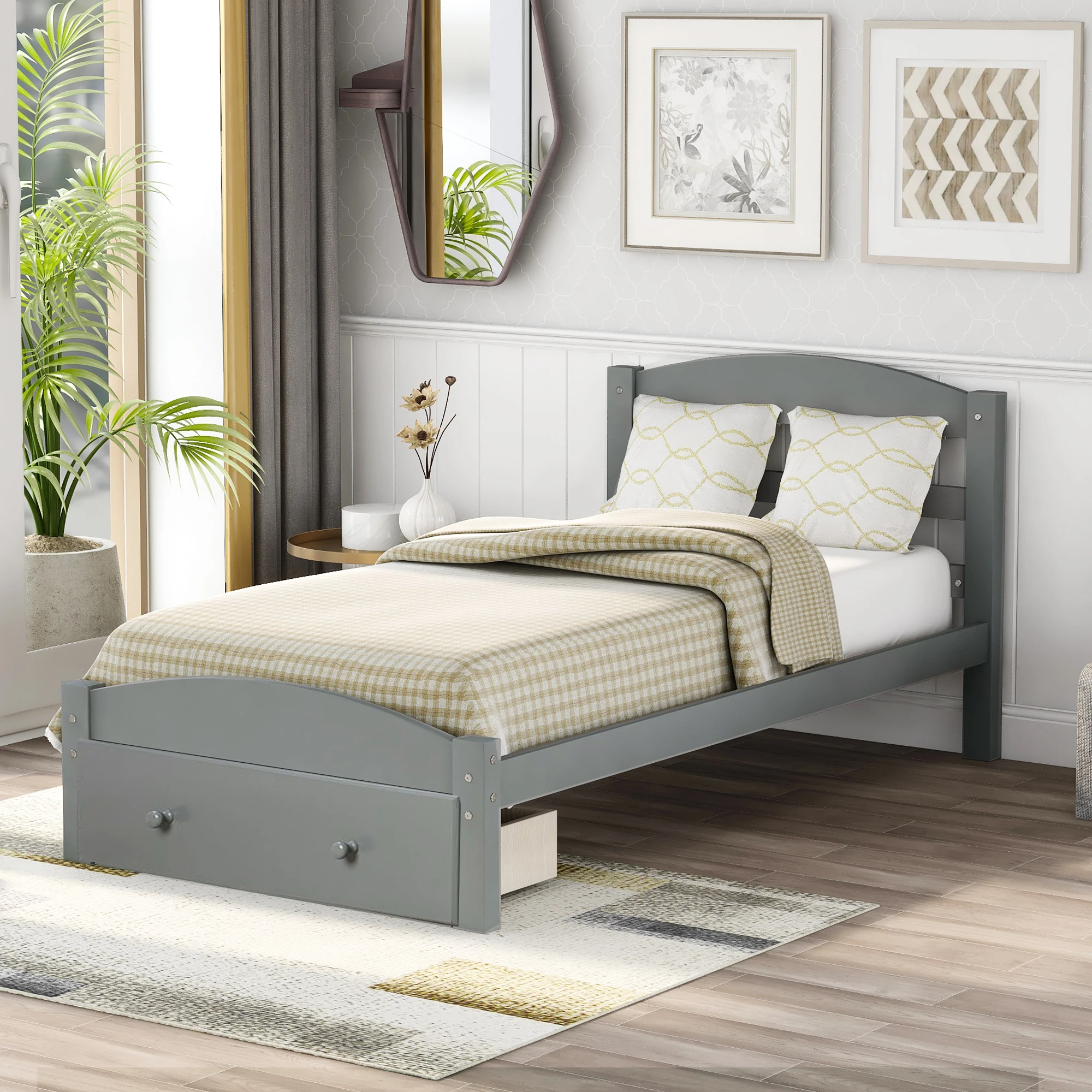 Platform Twin Bed Frame with Storage Drawer and Wood Slat Support No Box Spring Needed Gray/White/Walnut/Espresso[US-Depot]