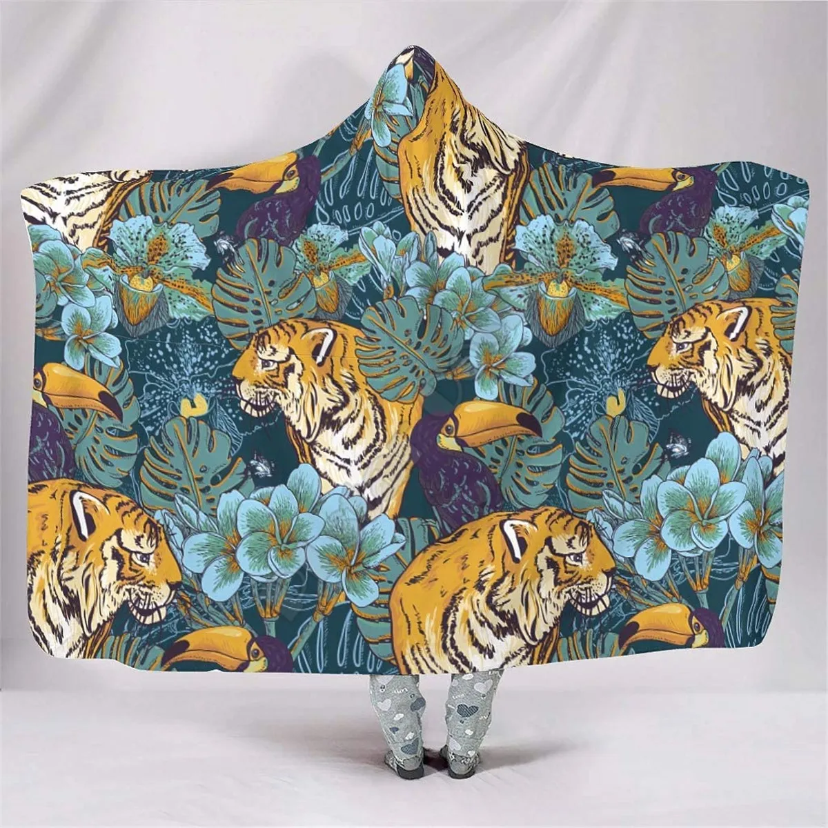 Exotic Flowers Toucan and Tiger Breathable Hooded Blanket 3D Printed Wearable Blanket Adults kids Blanket blanket throw