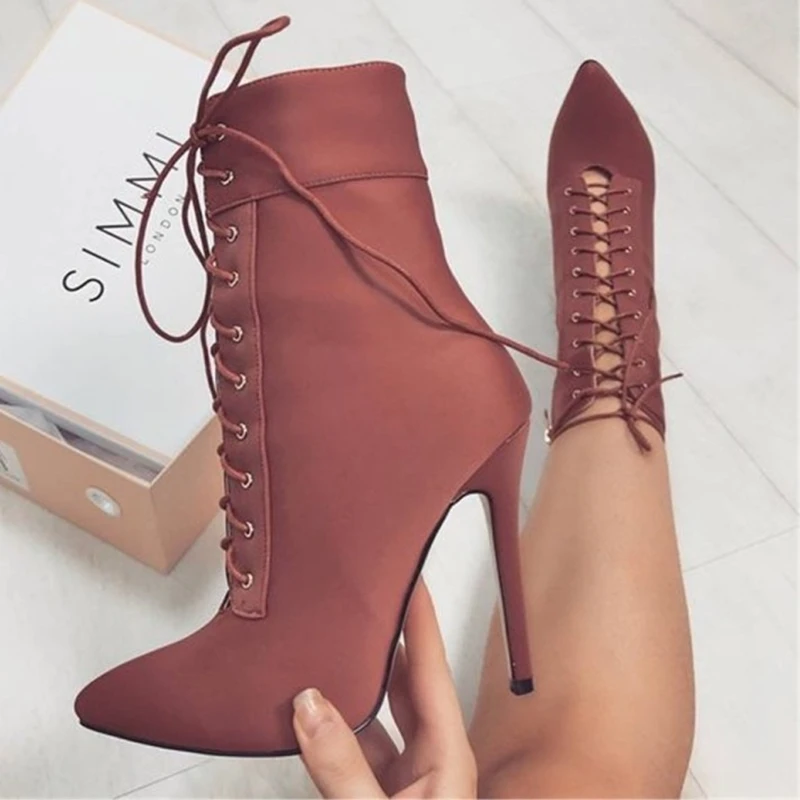 

Big Size 47 Women Eye-catching Pointed Toe Side Zip Lace Up Fashion Ankle Boots High Tops Shoes Women Sexy Short Booties